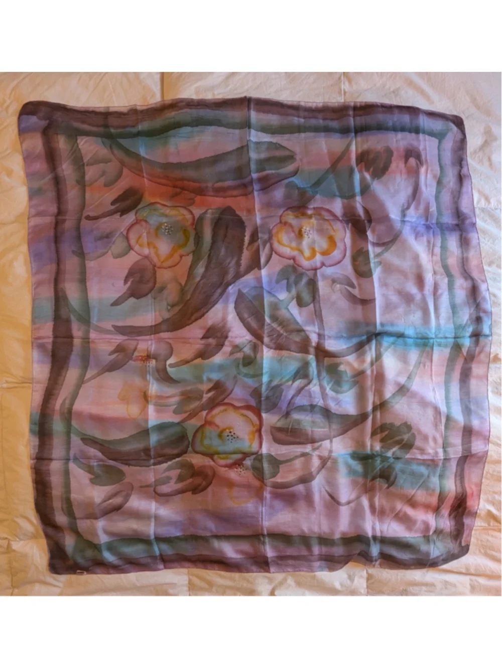 Women's Unbranded Silk Scarf Purple Pink Blue Floral Print 43